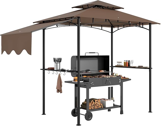 Outsunny 8' x 5' Grill Gazebo, Double Tiered Outdoor BBQ Gazebo with Side Awning, 2 Side Shelves and 6 Hooks for Patio, Deck, Yard, Brown
