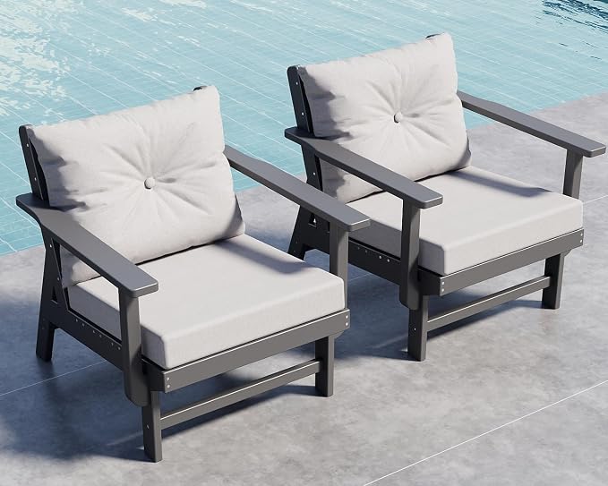 GREENVINES Outdoor-Couch-Set-of-2 | HDPE Plastic | Patio Sectional Conversation Sets | All Weather Couches | Sofa with Detachable Armrests | for Porch Deck Lawn | Gray Frame Light Gray Cushion