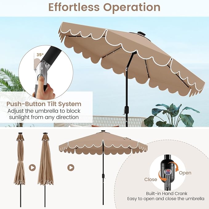 HAPPYGRILL 10 FT Patio Umbrella with Solar Lights, Market Sunshade with Ruffles, Vented Top, Tilt Adjustment & Built-in Crank, Outdoor Parasol Canopy for Backyard Poolside Deck Beach Lawn