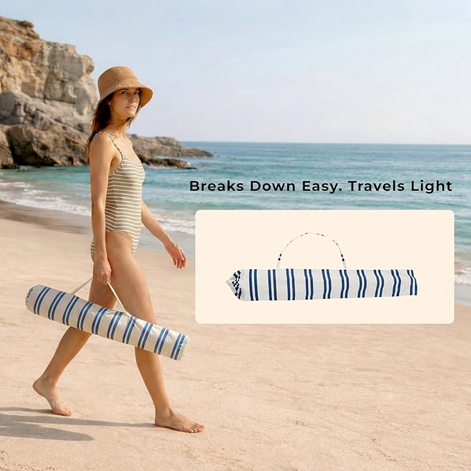 6FT Stripe Fringe Beach Umbrella for Sand with Sand Anchor, UPF 50+ Sun Shade with Tassels, Adjustable Tilt Pole, Portable Coastal Umbrella for Beach & Pool, Heritage Ocean Blue Stripe