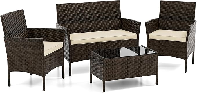 DORTALA 4-Piece Rattan Patio Furniture Set, Outdoor Table & Chair Set with Tempered Glass Coffee Table, Cushion, Wicker Conversation Set for Garden, Lawn, Poolside and Backyard, Beige