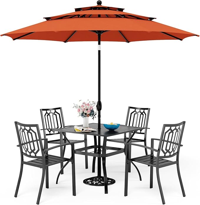 Sophia & William Patio Dining Set for 4 with 10ft 3 Tier Auto-tilt Umbrella, Outdoor Table Furniture Set with 4 x Metal Outdoor Chairs, 1 x Metal Square Dining Table and 1 Orange Red Patio Umbrella
