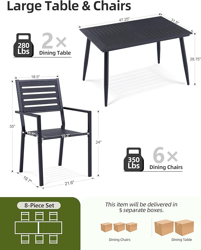 8-Piece Outdoor Dining Set - Two 47.25" HDPE Patio Tables and 6 Stackable Armrest Chairs - All-Weather Rust-Proof Steel Frame for Garden, Deck(Black)