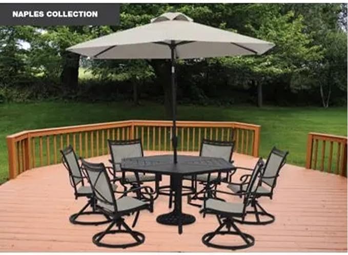 Four Seasons Courtyard 9 Foot Naples Market Patio Umbrella Round Polyester Fabric Outdoor Backyard Shaded Canopy with Push Button Tilt, Natural Color