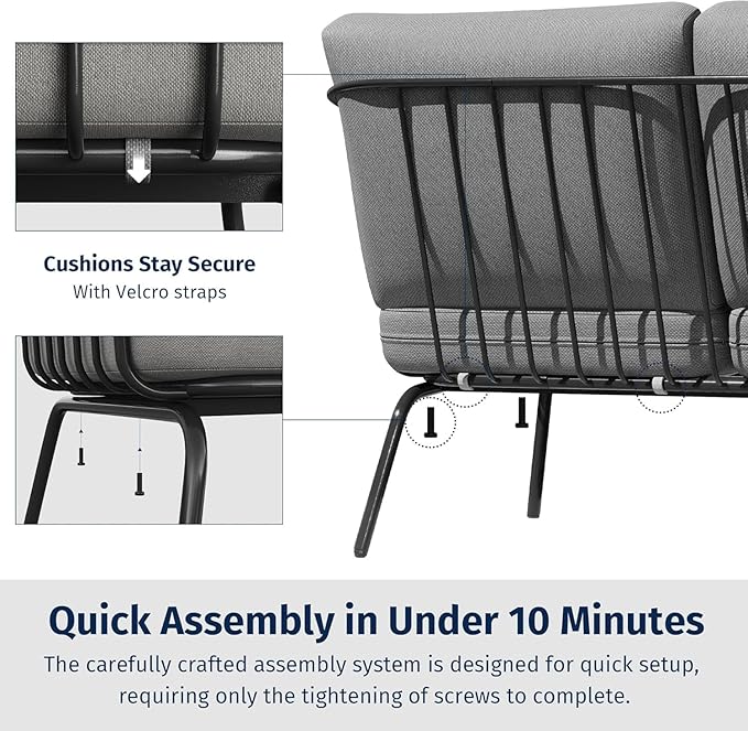East Oak 4-Piece Plaza Patio Furniture Set, Outdoor Furniture for Balcony, Poolside, and Yard, with Thick Cushion Sofa and Coffee Table, Modern Patio Conversation Set, Black & Grey