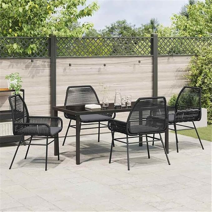 Afuera Living 5 Piece Poly Rattan Patio Dining Set, Black Finish, Tempered Glass Table, Cushioned Seats, Powder-Coated Steel Frame, UV-Resistant, Modern Outdoor Furniture for Garden or Patio