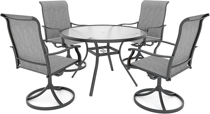 Anmutig 5 Piece Outdoor Patio Dining Set with 4 Swivel Dining Chairs & 1 Round Glass Dining Table, All Weather Dining Furniture Set for Lawn Garden Grey