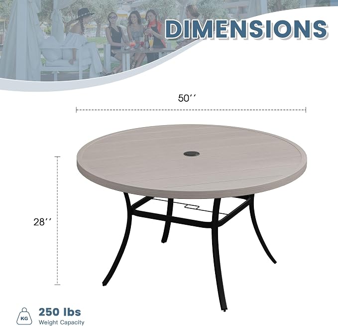DIFY 50" Round Outdoor Patio Dining Table for 6, All-Weather Metal Patio Table with 1.57" Adjustable Umbrella Hole, Outdoor Furniture Table for Garden Backyard Deck, Grey Wood-Like