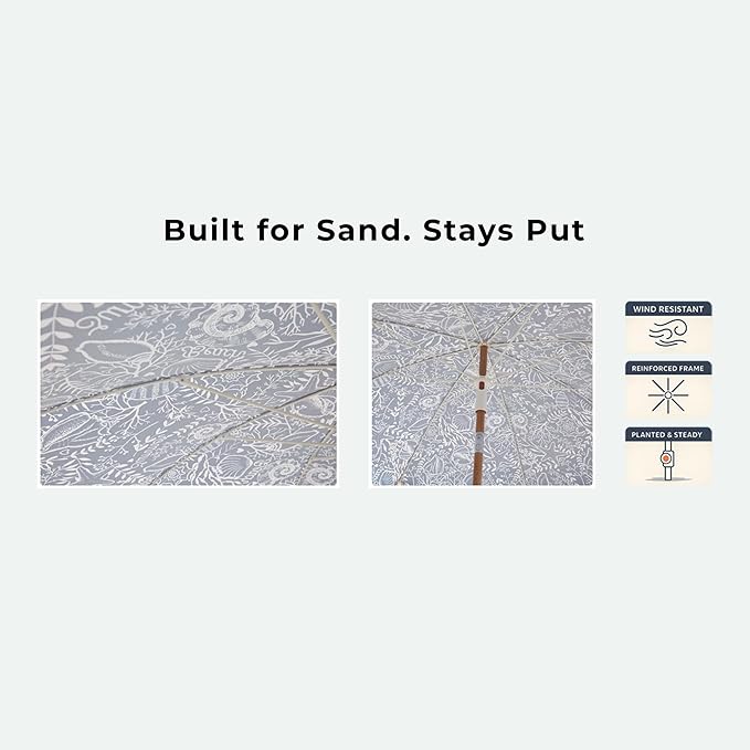 6FT Fringe Beach Umbrella for Sand, Boho Coastal Patio Umbrella with Tassels, UPF 50+ Sun Protection, Tilt, Carry Bag for Beach Vacation & Pool, Reef Indigo