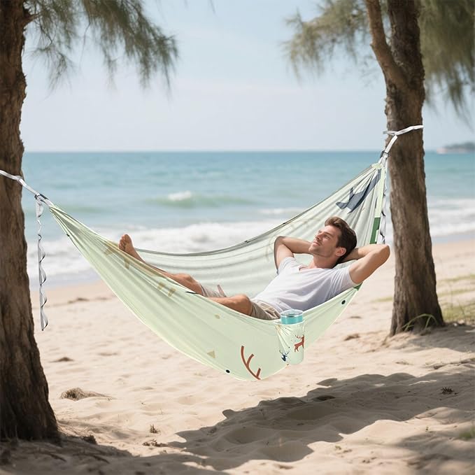 Geometric Deer Outdoor Hammock with Tree Straps Cloth for Outside Beach Patio Garden