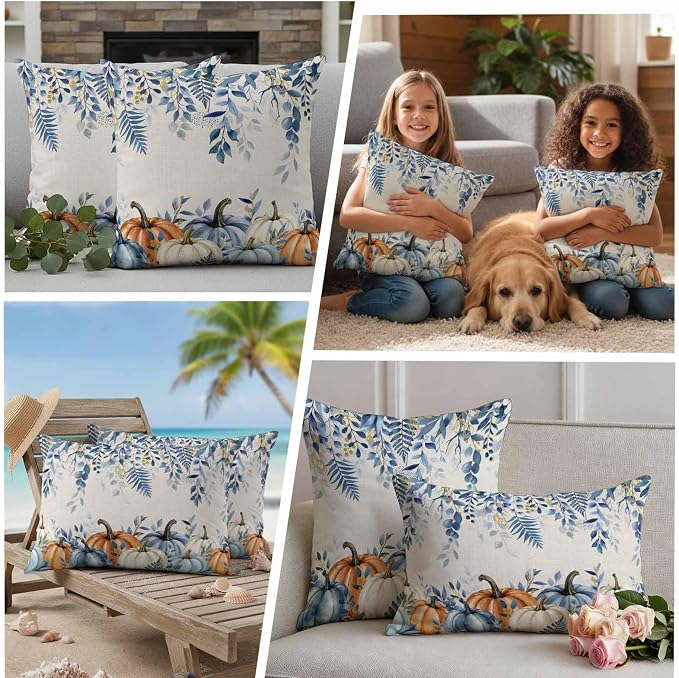 Orange Blue Fall Waterproof Outdoor Pillow Covers 24''x24'' Set of 2, Thanksgiving Eucalyptus Berry Leaves Patio Cushion Covers for Chairs, Decorative Pumpkin Beige Pillow Cases for Garden/Pool/Beach