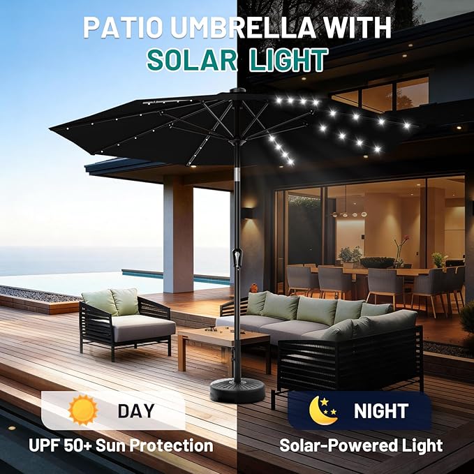 AreShark 9FT Patio Umbrella with Solar Lights, 32 Lighted Pool Umbrella w/Tilt and Crank, Outdoor Market Solar Umbrellas for Garden, Deck, Backyard, Pool and Beach, Black