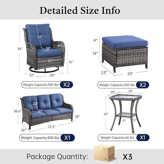 6 Piece Patio Furniture Set with Ottoman - All Weather Patio Conversation Set with 4 Inch Thick Cushions and Deep Seating Swivel Glider Chairs & Outdoor Couch for Porch Deck Yard Pool
