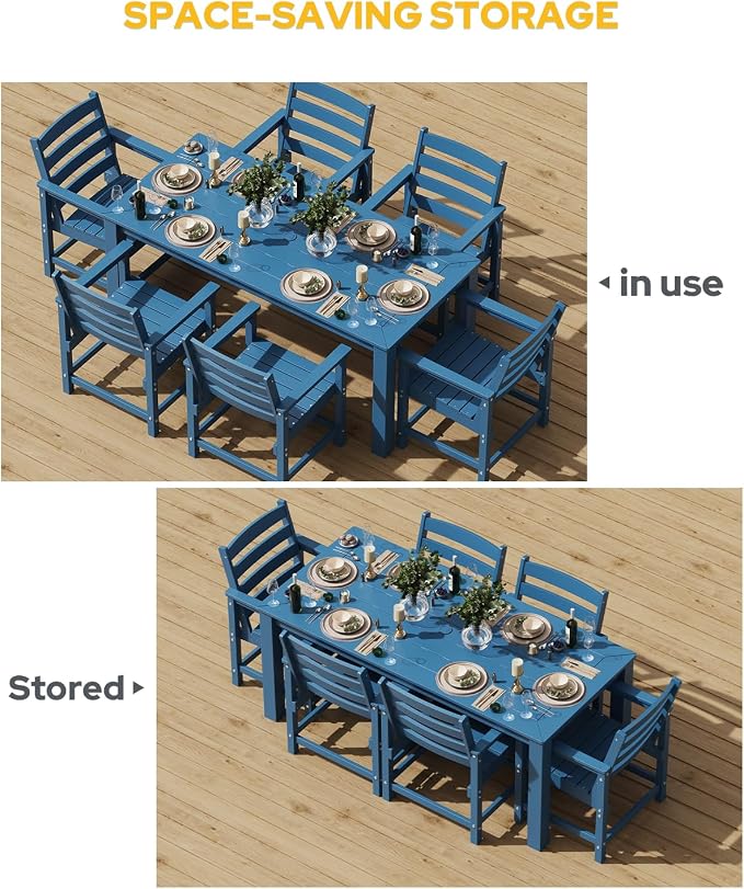 Outdoor HDPE Dining Table Set 7-Piece, All-Weather Outdoor Table and Chairs with Umbrella Hole Cut-Out, Patio Furniture for Garden, Backyard, Deck (Blue)