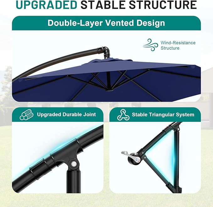 AreShark 10FT Patio Outdoor Umbrella, Offset Patio Umbrella Cantilever Umbrella, 6 Sturdy Ribs, Easy Adjustment for Garden Market Pool with Cross Base (Navy)