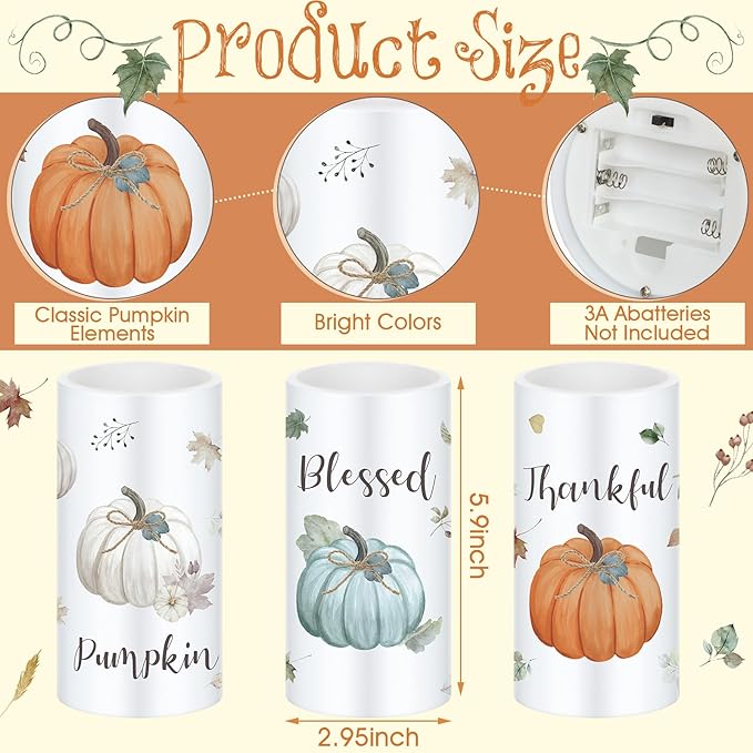 Retisee 3 Pcs Farmhouse Thanksgiving Flameless LED Candles Thanksgiving Battery Operated Candles with Remote Control Thankful Blessed Pumpkin Decor for Table Centerpiece Bedroom Harvest Decorations
