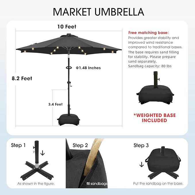 wikiwiki 10FT Solar Led Patio Umbrella with Base Included, 32 LED Lights, 8 Sturdy Ribs, Fade Resistant Waterproof POLYESTER DTY Canopy for Garden, Lawn, Deck, Backyard & Pool, Dark Gray