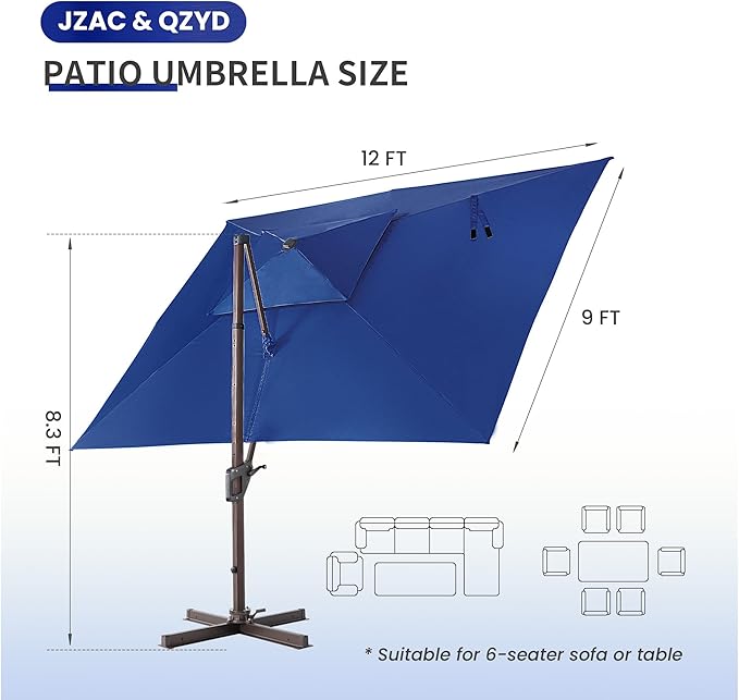 JZAC & QZYD 9x12 FT Outdoor Cantilever Patio Umbrella with LED Lights, Large Heavy Duty 2-Tier Aluminum Offset Umbrellas with 360-Degree Rotation for Pool Deck, Navy