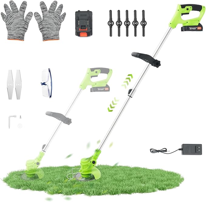 Cordless Grass Trimmer Electric Weed Wacker Cordless with D-Shaped Handle and Auxiliary Wheels (2 x 24V 1.3Ah Batteries & Charger) Adjustable Telescopic Rod for Garden Maintenance