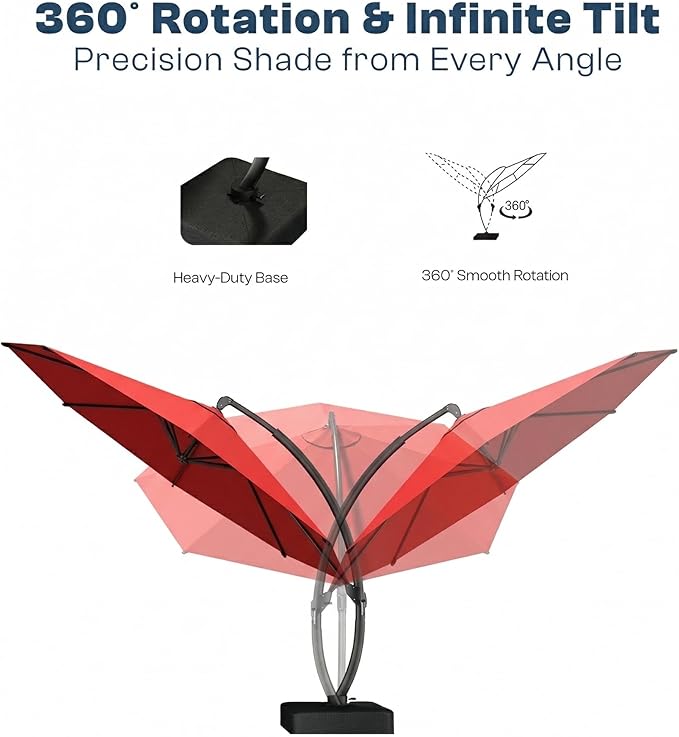 12 FT Cantilever Umbrella with Base Included, Large Round 360° Rotation Offset Umbrella Outdoor Patio, Heavy Duty Aluminum Frame, Sand-Weighted Stand, for Deck, Backyard, Pool, Garden (Red)
