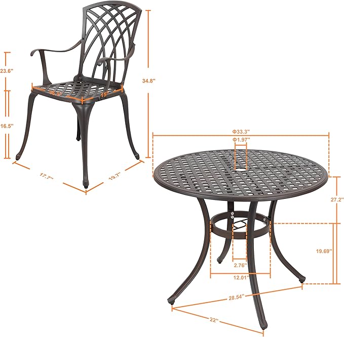 NUU GARDEN 5 Piece Patio Dining Set, 33" Round Cast Aluminum Dining Table with 1.97" Umbrella Hole and 4 Patio Dining Chairs for Backyard, Patio, Garden, Balcony, Brown with Gold Point
