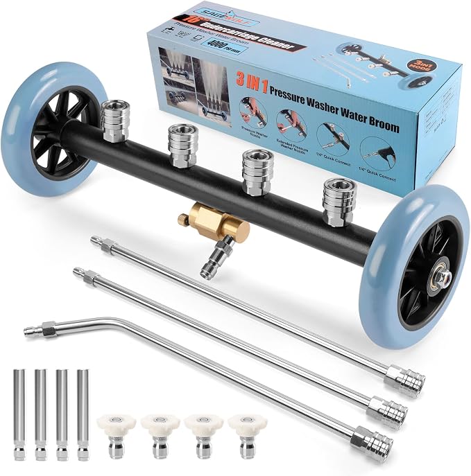 3-in-1 Under Carriage Pressure Washer Attachment, 16 Inch Pressure Washer Undercarriage Cleaner and Water Broom for Power Washer Surface Cleaner with 3 Extension Wands and 8 Nozzles