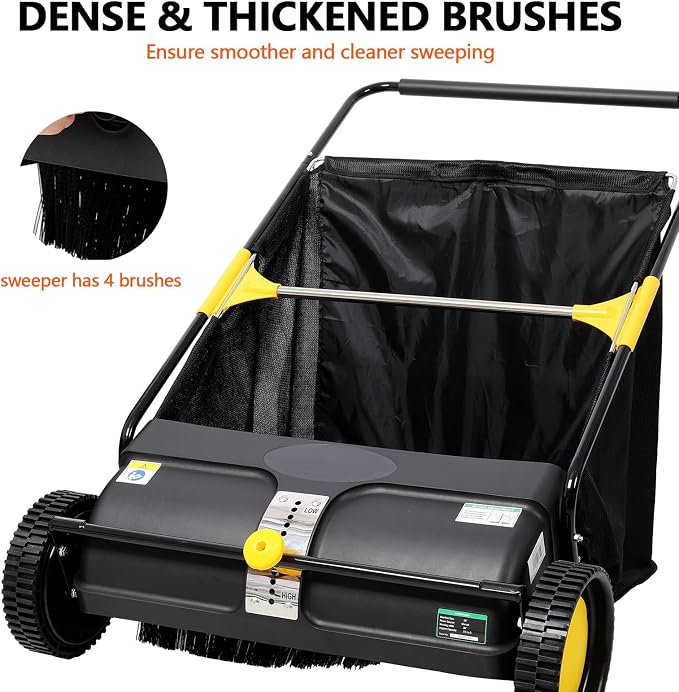 2026 Upgraded 26 Inch Push Lawn Sweeper | 4 Spinning Brushes & Adjustable Height for Deep Cleaning | Large 3.5 cu ft Bag for Leaves, Grass, Debris on Lawns & Driveways (26 Inch,Black)