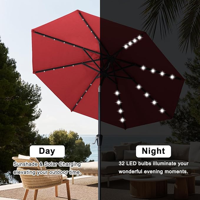 ABCCANOPY Durable Solar Led Patio Umbrellas with 32LED Lights 9FT (Burgundy)