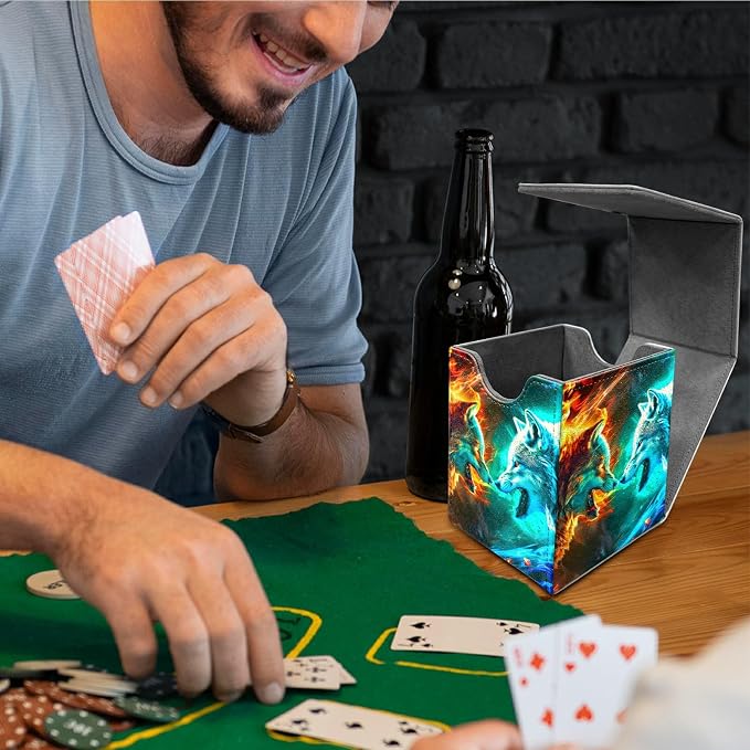 Deck Box for MTG, Cards Storage Box Fits 120+ Sleeved, Leather Medium Size Strong Magnetic Closing Card Case for Board Games Magic TCG CCG Baseball Collection, Two Flaming Wolves