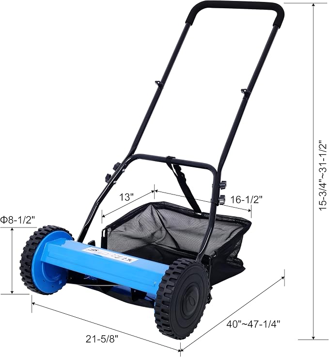 KEIKI 16-Inch Manual Lawn Mower, Push Reel Mowers w/Grass Catcher & Adjustable Cutting Height, 2-Wheels Small Lawnmower with 5 Steel Blades for Graden, Spaces Saving & Easy Assembly, Blue