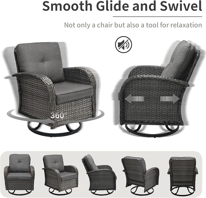 3 Piece Outdoor Swivel Rocker Patio Chairs, All-Weather Rattan Chair, Wicker Glider Patio Furniture Set with Side Table, for Garden, Backyard, Deck, Gray Rattan & Gray Cushions