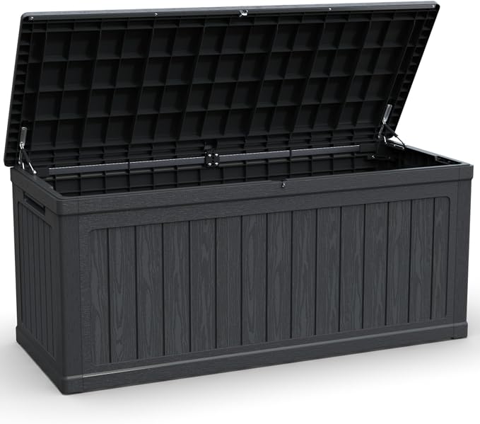 Large Outdoor Storage Deck Box, Resin Patio Container with Lockable Lid, Hydraulic Lift, Wood Texture Panels, Bench Table Function for Cushions Garden Tools Pool Gear Sports Equipment (260 Gallon)