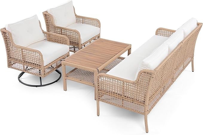 4 Pieces Patio Furniture Set, Rattan Outdoor Conversation Set with 1 3-Seater Sofa, 2 360°Swivel Rocking Chair and 1 Solid Wood Tabletop Coffee Table for Poolside Backyard Deck (Beige/264)