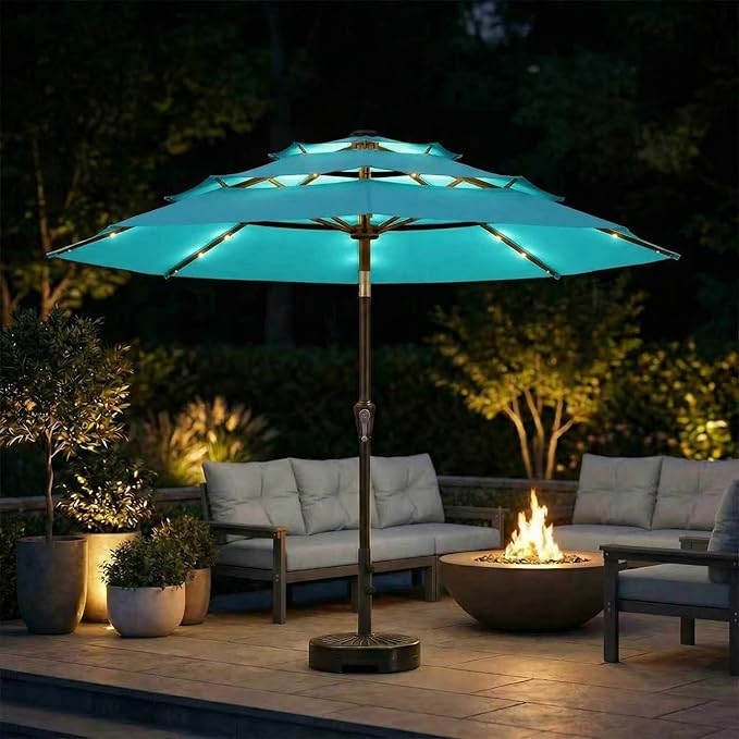 10ft 3-Tier Patio Umbrella with 32 Solar Powered LED Lights, Windproof Outdoor Market Umbrella for Deck, Poolside & Garden, Sturdy Push-Button Tilt Table Umbrella, Sky Blue