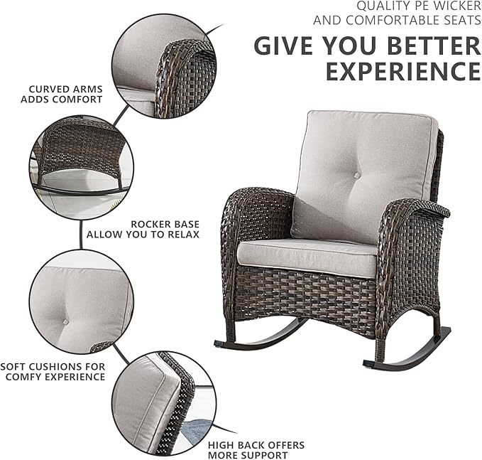 Belord 6 Pieces Outdoor Patio Furniture Set with Wicker Rocking Chairs, Rattan Patio Conversation Set with Glider Loveseat Ottomans and Side Table Brown/Beige