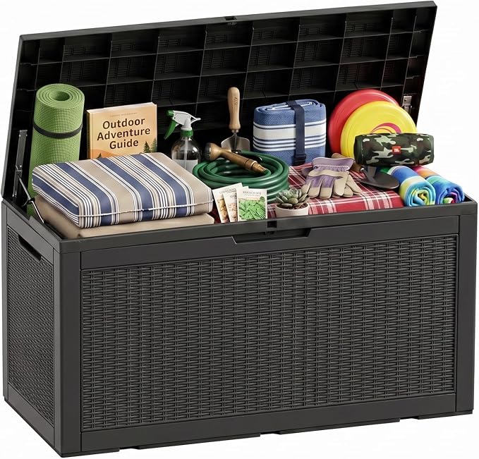 120 Gallon Waterproof Resin Outdoor Storage Box, Multifunctional Patio Deck Box, Weatherproof Outdoor Bin for Garden, Pool, Backyard & Porch Furniture Tools (Black, 120 Gallon)
