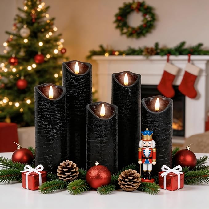 Flickering Flameless LED Candles with 5 PCS (H5 5.5" 6" 7" 8"), Fake Battery Operated Pillar Candles - 3D, Remote and Timers, Real Wax Candles for Home/Wedding/Fireplace Xmas Decor (Black)