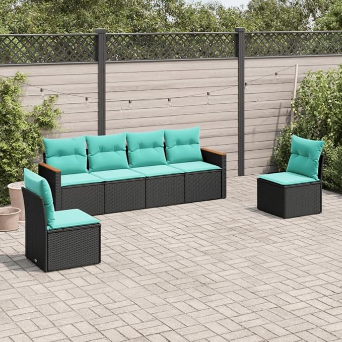 6 Piece Patio Sofa Set with Cushions, Front Porch Furniture Porch Furniture Set Patio Conversation Set Outdoor Dining Sets for Garden Poolside Exhibition Negotiation Area Black Poly Rattan