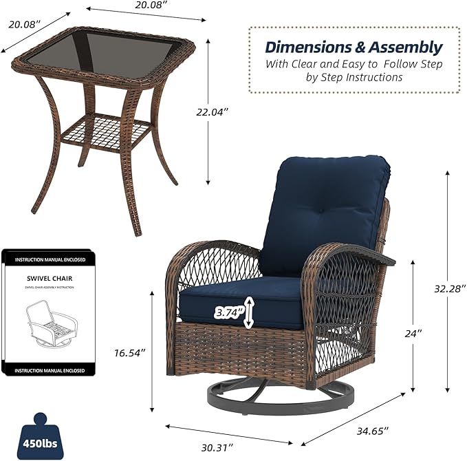 EROMMY 3 Pieces Patio Furniture Set, Outdoor Swivel Rocker Patio Chairs, Wicker Patio Bistro Set with Rocking Chair, Thickened Cushions and Glass Coffee Table for Backyard, Garden, Navy Blue