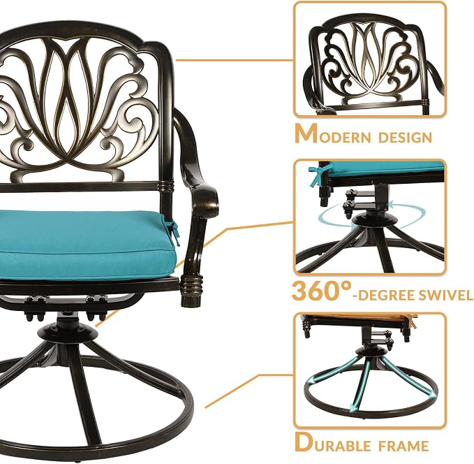 7-Piece Outdoor Patio Dining Set, 60” Rectangular Cast Aluminum Dining Table with Umbrella Hole and 6 Cushioned Swivel Rocker Chairs, Patio Funiture Set for Backyard, Patio, Garden, Blue
