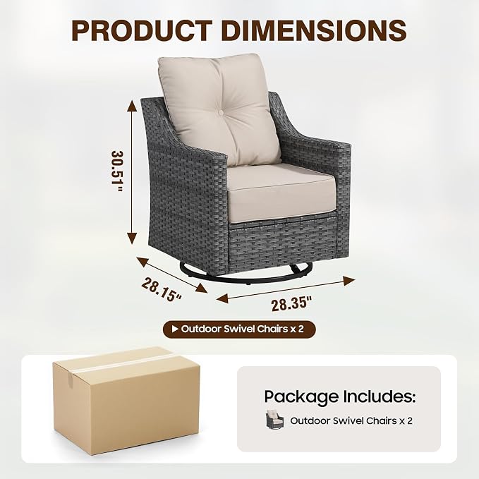 Patio Furniture Set,360°Swivel Glider Patio Chairs Set of 2,Comfortable Seating with 6 Inch Thick Cushions and Smooth Rocking Motion,All-Weather Wicker Patio Set for Porch Deck Balcony Garden