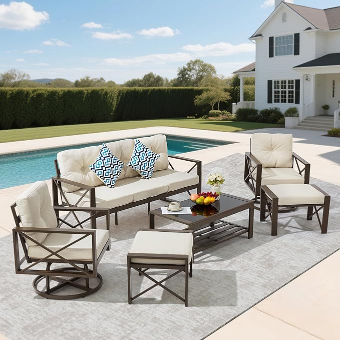 6 Pieces Metal Patio Furniture Set, Outdoor Seating Furniture with Swivel Chairs and Ottoman Ideal for Indoor Porch Deck Bistro Lawn Garden Backyard Poolside-Beige
