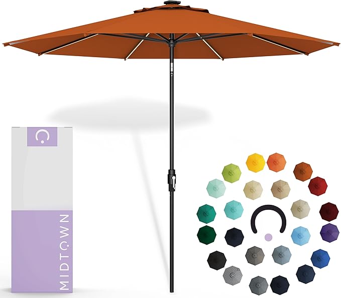Midtown Umbrellas Led Swilt Sunbrella Umbrella 9 Ft Patio Umbrella With Sunbrella Terracotta Acrylic Fabric - Deck Patio Umbrella, Backyard Umbrella, Garden Umbrella & Pool Umbrella - Black Pole