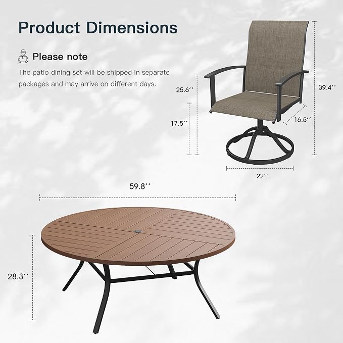 VICLLAX 9 Pieces Patio Outdoor Dining Set, 8 Swivel Textilene Chairs and 60" Round Metal Table with Umbrella Hole for Porch, Deck, Garden, Walnut/Brown