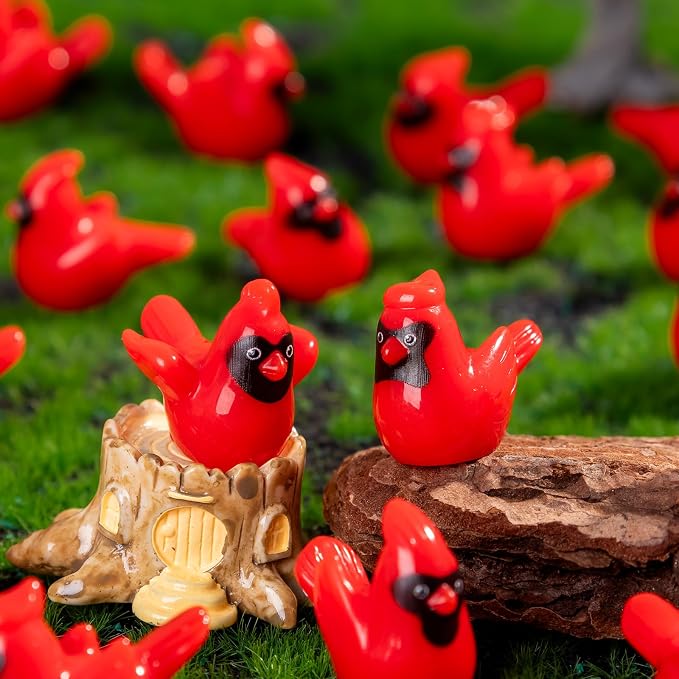 60 PCS 6 Styles Glossy Mini Red Resin Cardinal Bird Figurines, Tiny Bird Miniature Dollhouse Accessories, Bulk Christmas Ornaments for Xmas Gift Mini Garden Cake Topper Decor
