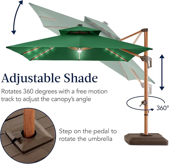 Best Choice Products 10ft Square Cantilever Patio Umbrella w/Base Included, Woodgrain Pattern Pole & Solar LED Lights, 360-Rotation, Offset Hanging Outdoor Shade