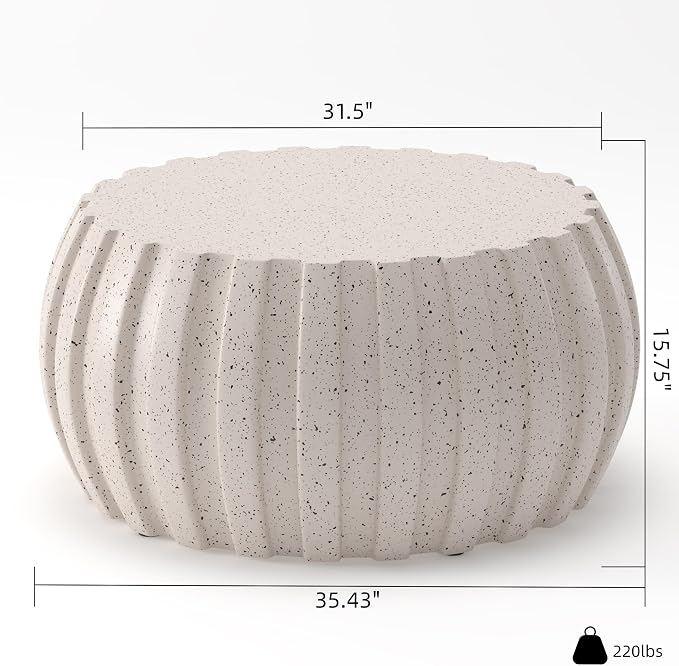 35.43" Concrete Outdoor Table,Modern Round Stone Coffee Table,Waterproof Outdoor Coffee Table for Patio for Terraces, Gardens, Backyards and Living Rooms (White, 35.43")