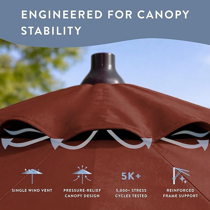 California Umbrella 10-Year Protection 9 Ft Outdoor Patio Umbrella, Pacifica Fade-Resistant Fabric, Auto-Tilt, Heavy Duty Aluminum Frame, 8 Reinforced Ribs for Pool or Deck, Bronze Pole, Brick