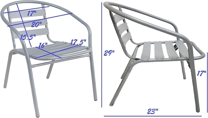 BTEXPERT Indoor Outdoor 27.5" Square Restaurant Table Stainless Steel Silver Aluminum + 4 Silver Gray Metal Aluminum Slat Stack Chairs Commercial