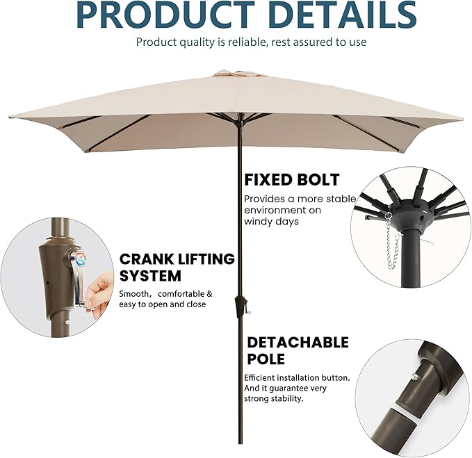 8x10FT Rectangular Patio Umbrella with Crank Lift for Garden,UV Protection Outdoor Umbrella for Deck,Pool and Yard,Beige